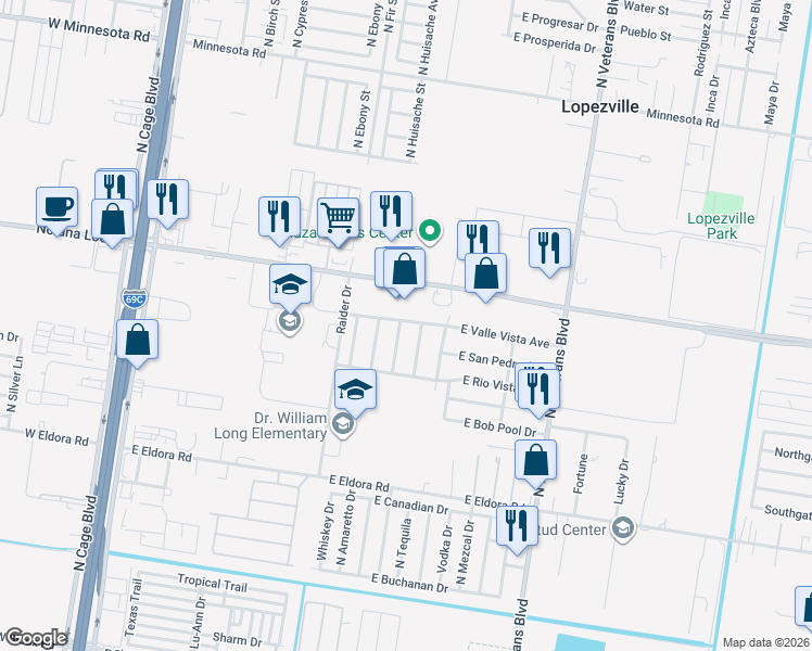 map of restaurants, bars, coffee shops, grocery stores, and more near 4304 Linda Vista Street in Pharr