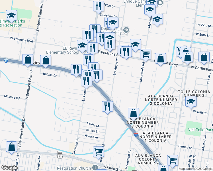 map of restaurants, bars, coffee shops, grocery stores, and more near 1001 Donna Street in Palmview