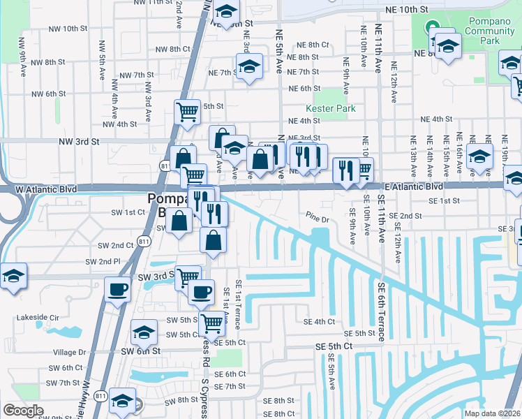 map of restaurants, bars, coffee shops, grocery stores, and more near 180 Southeast 4th Terrace in Pompano Beach