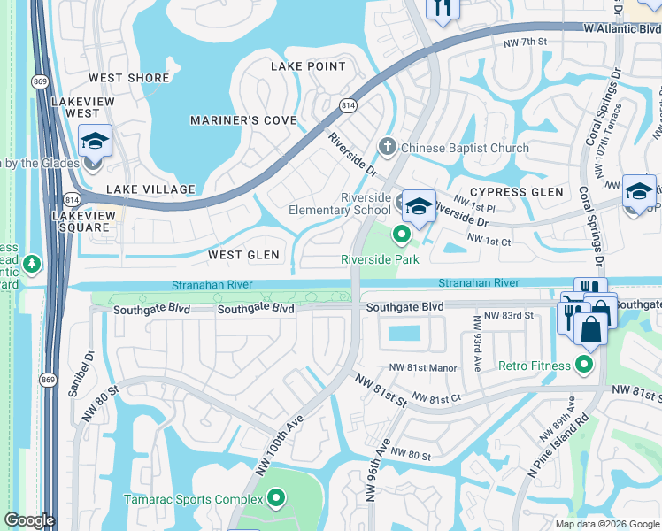 map of restaurants, bars, coffee shops, grocery stores, and more near 11731 Southwest 1st Street in Coral Springs