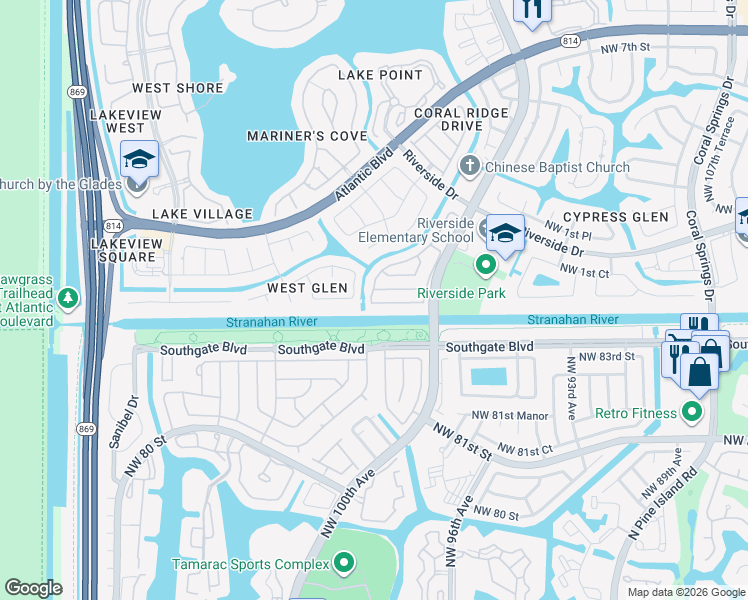 map of restaurants, bars, coffee shops, grocery stores, and more near 11775 Southwest 1st Street in Coral Springs