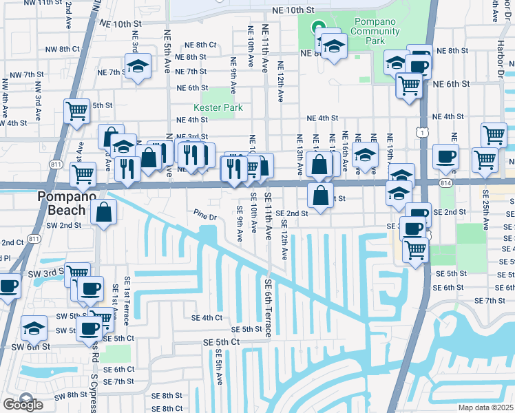 map of restaurants, bars, coffee shops, grocery stores, and more near 104 Southeast 10th Avenue in Pompano Beach