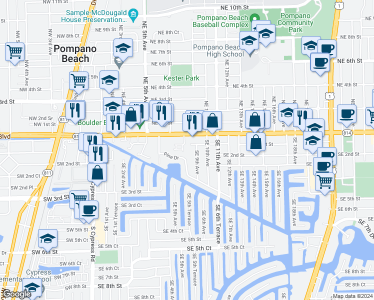 map of restaurants, bars, coffee shops, grocery stores, and more near 900-902 Southeast 1st Street in Pompano Beach