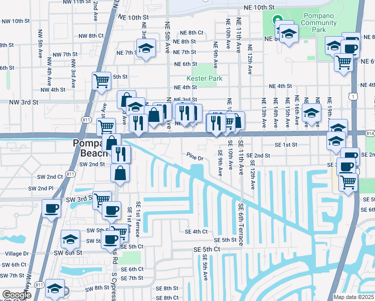 map of restaurants, bars, coffee shops, grocery stores, and more near 141 South East 7th Way in Pompano Beach