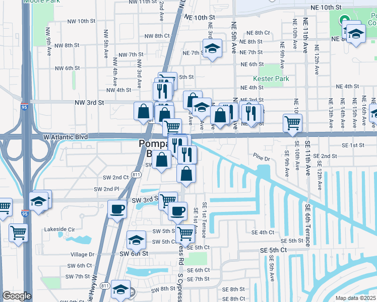 map of restaurants, bars, coffee shops, grocery stores, and more near 139 South Cypress Road in Pompano Beach