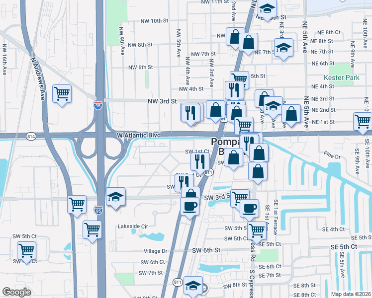 map of restaurants, bars, coffee shops, grocery stores, and more near 301 Southwest 1st Court in Pompano Beach