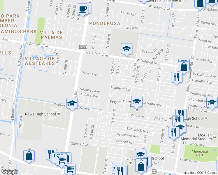 map of restaurants, bars, coffee shops, grocery stores, and more near 2517 North 32nd Street in McAllen