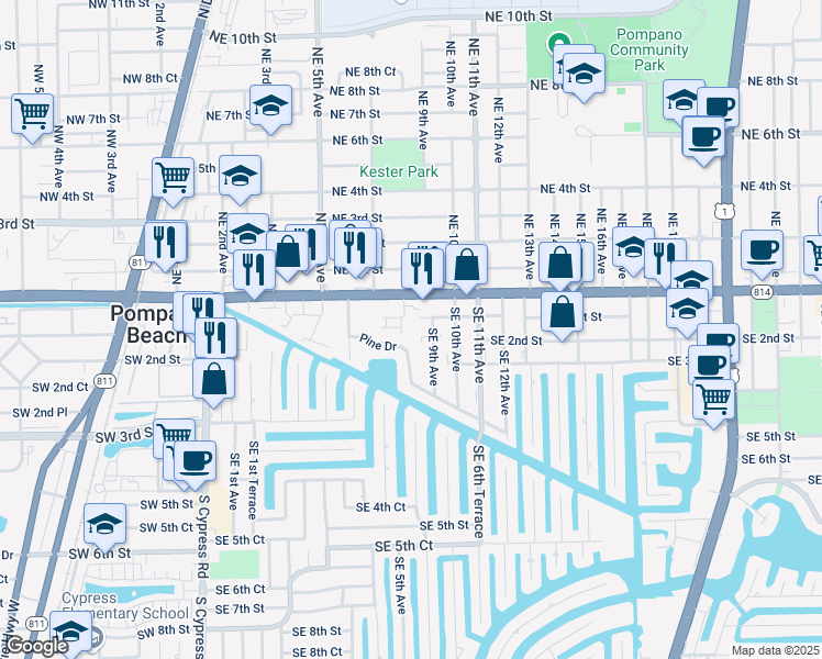 map of restaurants, bars, coffee shops, grocery stores, and more near 900 Southeast 1st Street in Pompano Beach