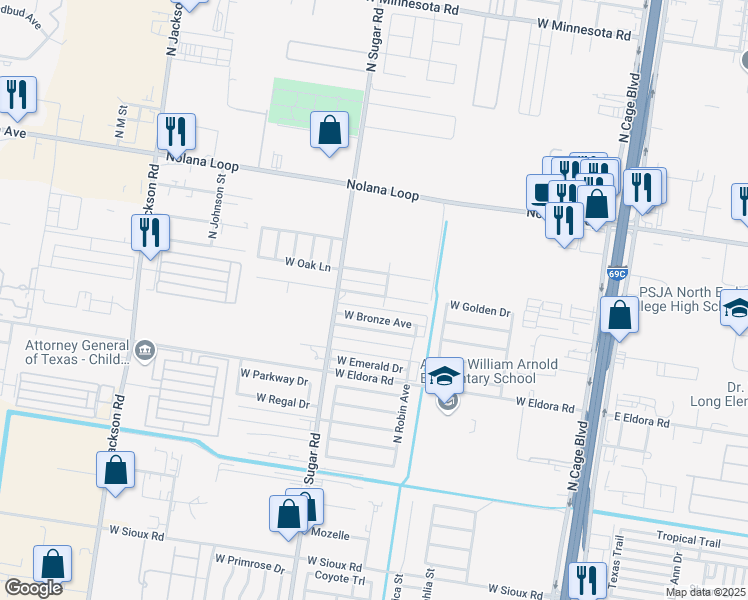 map of restaurants, bars, coffee shops, grocery stores, and more near 805 W Douglas Dr in Pharr
