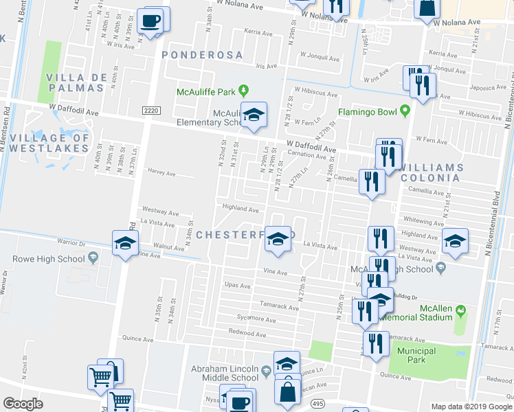 map of restaurants, bars, coffee shops, grocery stores, and more near 2904 Highland Avenue in McAllen
