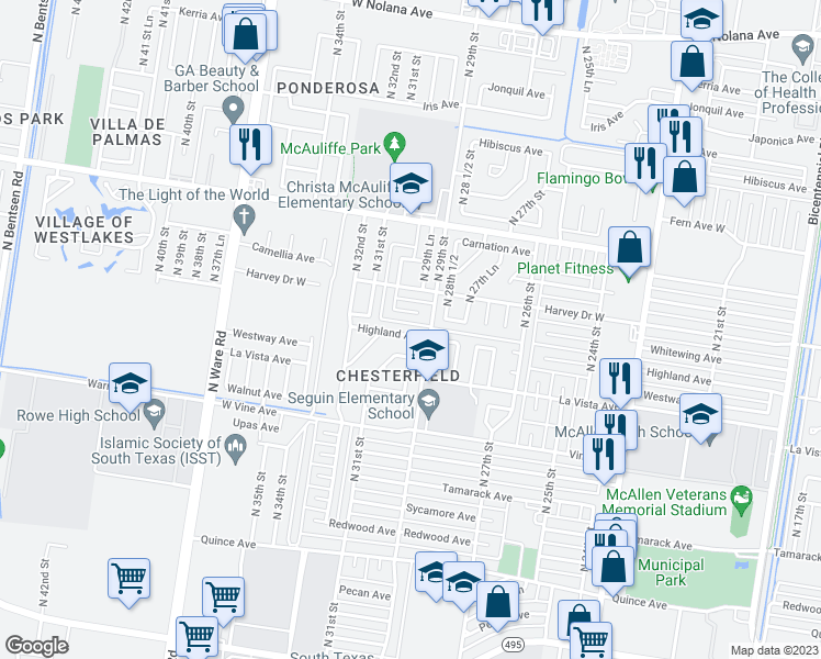 map of restaurants, bars, coffee shops, grocery stores, and more near 2908 Highland Avenue in McAllen