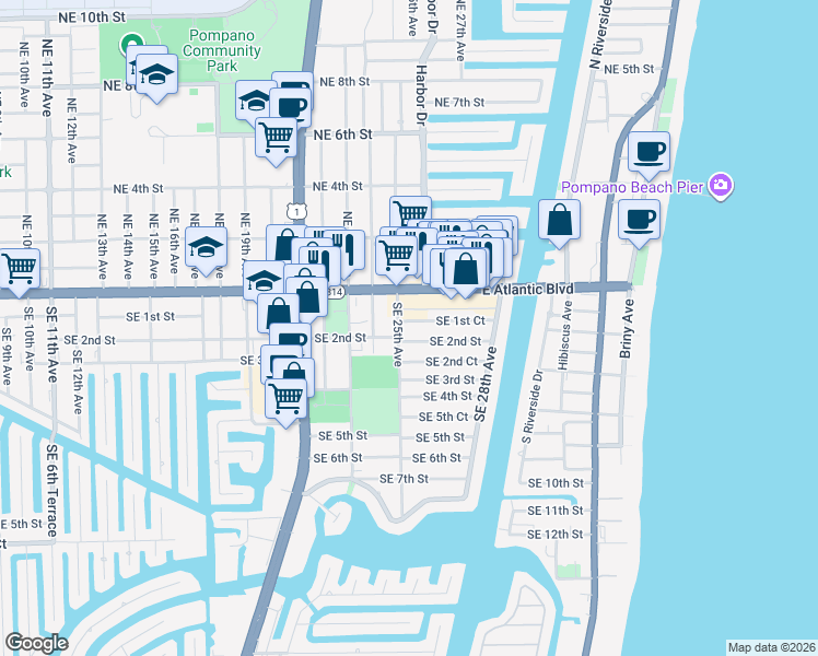 map of restaurants, bars, coffee shops, grocery stores, and more near 2520 Southeast 1st Court in Pompano Beach