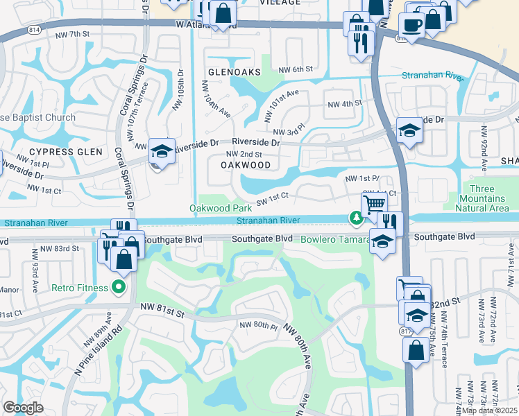 map of restaurants, bars, coffee shops, grocery stores, and more near 10164 Southwest 1st Court in Coral Springs