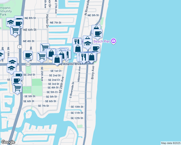map of restaurants, bars, coffee shops, grocery stores, and more near 101 Florida A1A in Pompano Beach