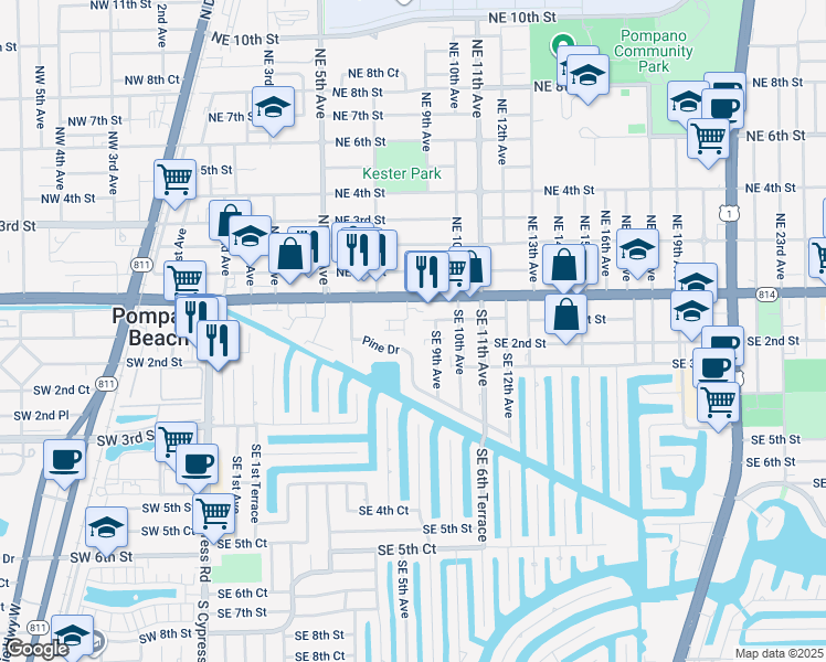 map of restaurants, bars, coffee shops, grocery stores, and more near 900-902 Southeast 1st Street in Pompano Beach