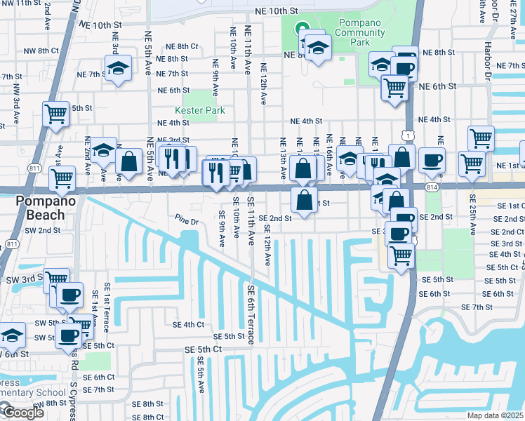 map of restaurants, bars, coffee shops, grocery stores, and more near 107 Southeast 12th Avenue in Pompano Beach
