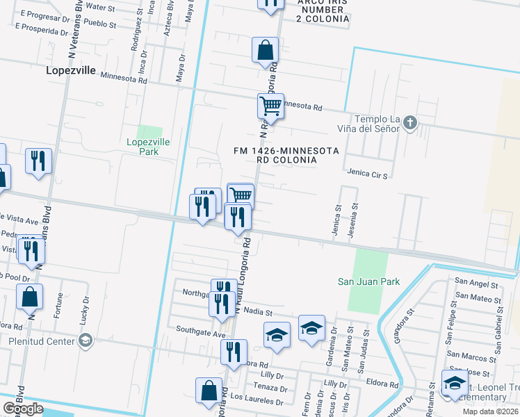 map of restaurants, bars, coffee shops, grocery stores, and more near 3805 North Raul Longoria Road in San Juan