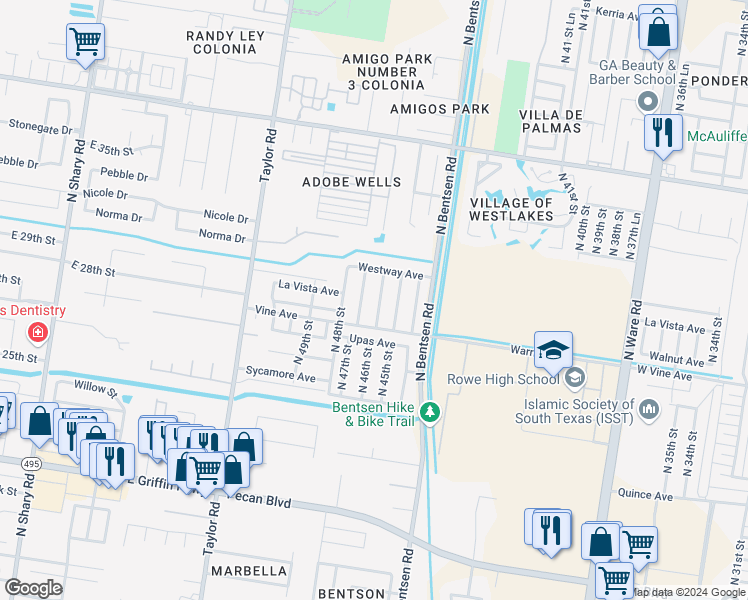 map of restaurants, bars, coffee shops, grocery stores, and more near 2301 North 46th Street in McAllen