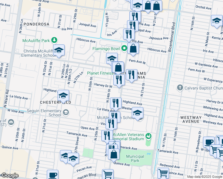 map of restaurants, bars, coffee shops, grocery stores, and more near 2381 Harvey Street in McAllen