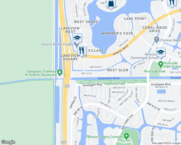 map of restaurants, bars, coffee shops, grocery stores, and more near 12357 Southwest 1st Street in Coral Springs