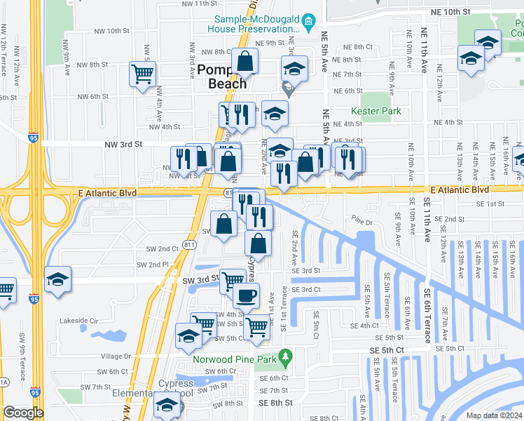 map of restaurants, bars, coffee shops, grocery stores, and more near 139 South Cypress Road in Pompano Beach