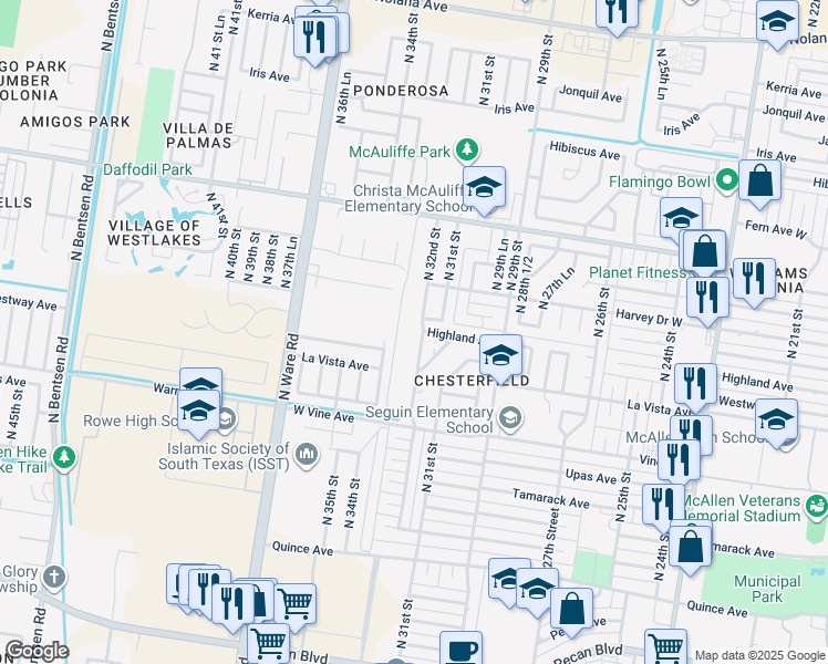 map of restaurants, bars, coffee shops, grocery stores, and more near 2517 North 32nd Street in McAllen