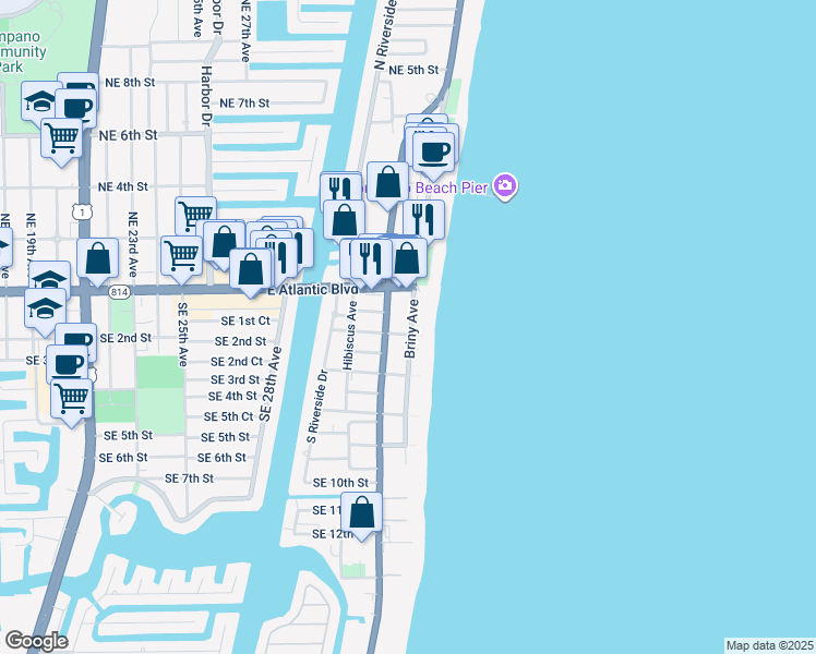 map of restaurants, bars, coffee shops, grocery stores, and more near in Pompano Beach