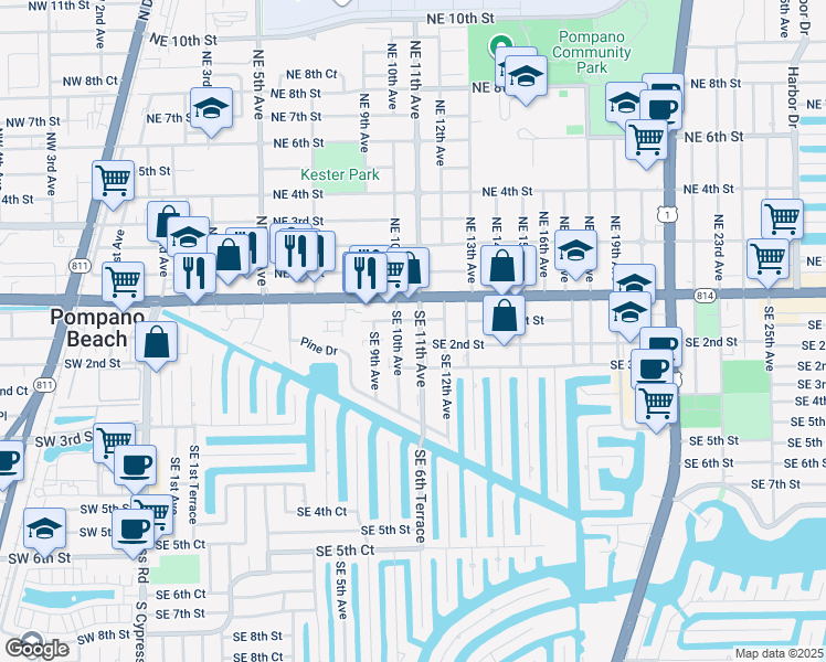 map of restaurants, bars, coffee shops, grocery stores, and more near 104 Southeast 10th Avenue in Pompano Beach