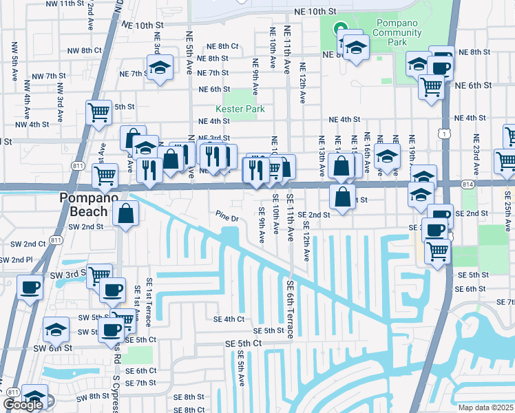 map of restaurants, bars, coffee shops, grocery stores, and more near 900-902 Southeast 1st Street in Pompano Beach