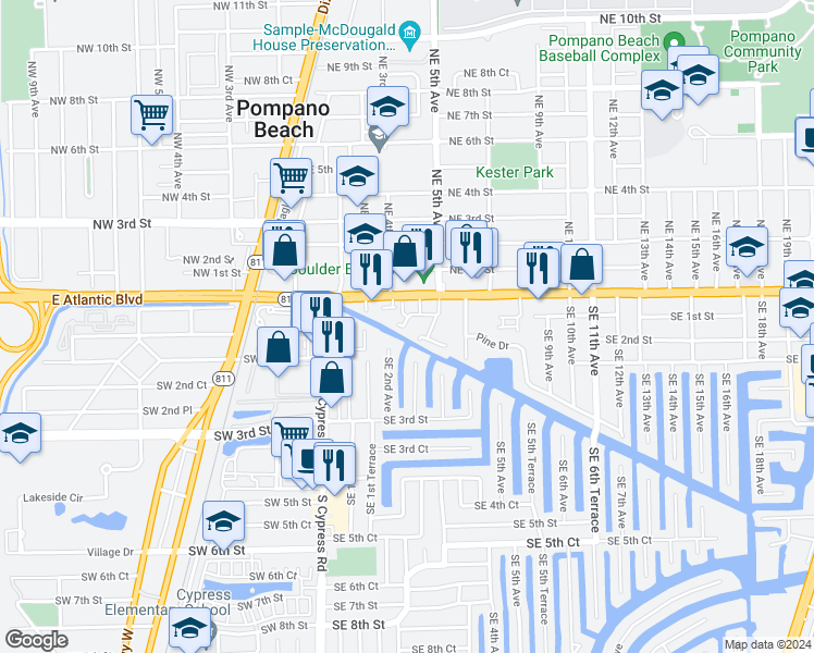 map of restaurants, bars, coffee shops, grocery stores, and more near 452 Southeast 1st Street in Pompano Beach
