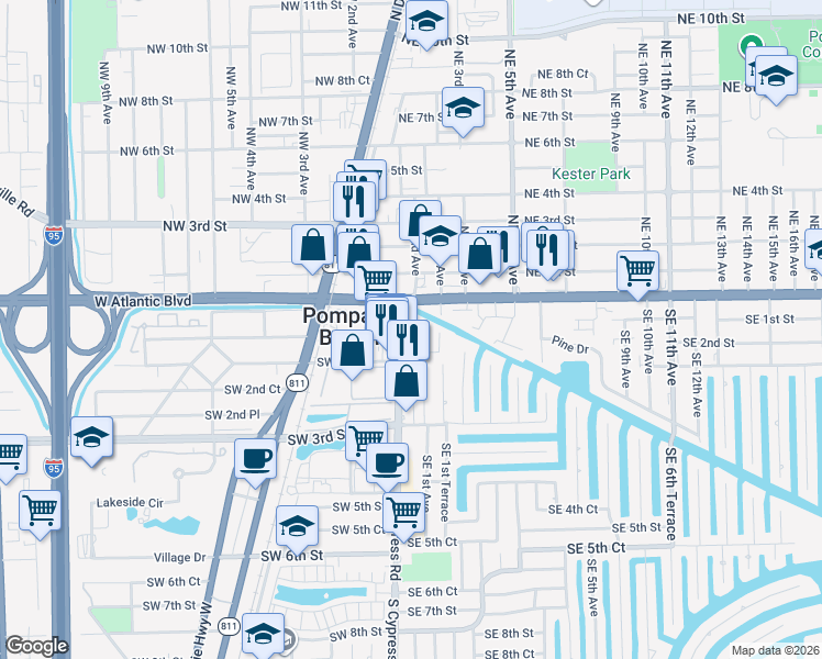 map of restaurants, bars, coffee shops, grocery stores, and more near 139 South Cypress Road in Pompano Beach