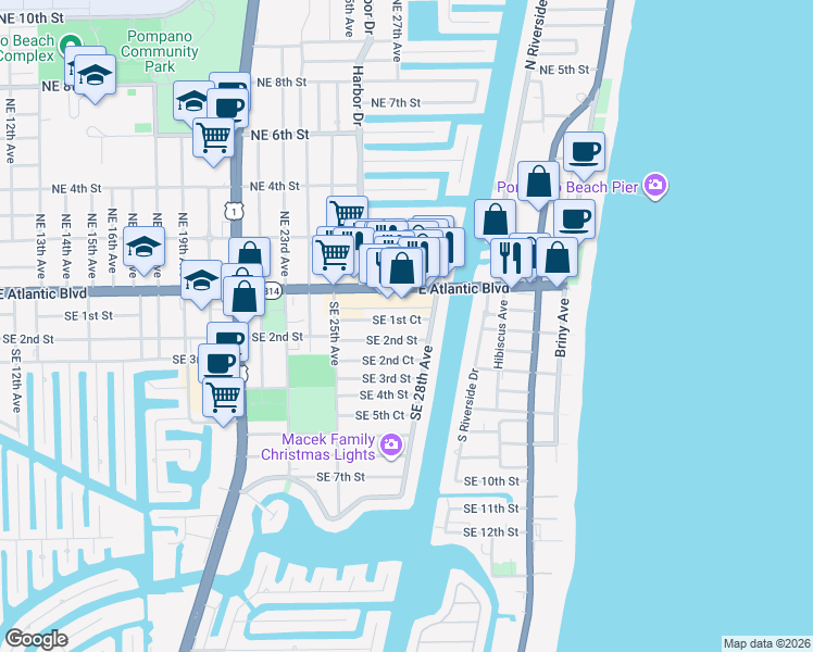 map of restaurants, bars, coffee shops, grocery stores, and more near 2740 Southeast 1st Court in Pompano Beach