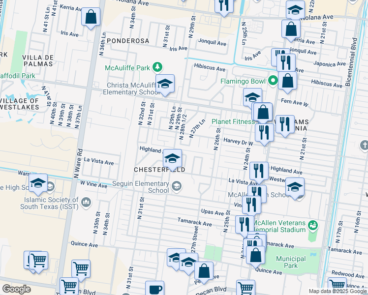 map of restaurants, bars, coffee shops, grocery stores, and more near 2805 Whitewing Ave in McAllen