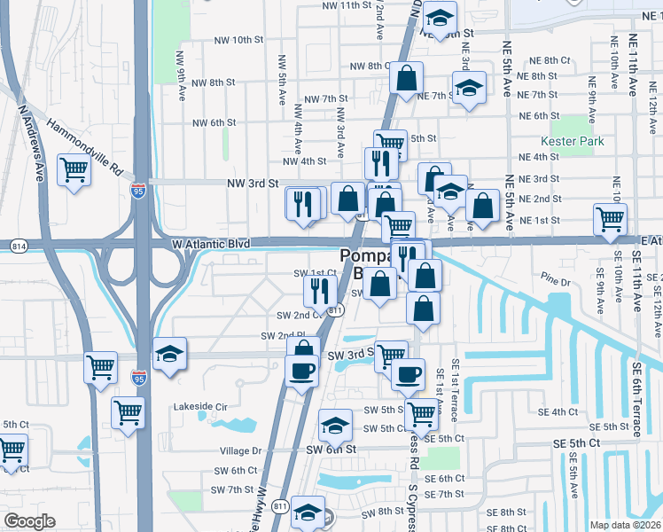 map of restaurants, bars, coffee shops, grocery stores, and more near 203-205 Northeast 1st Avenue in Pompano Beach