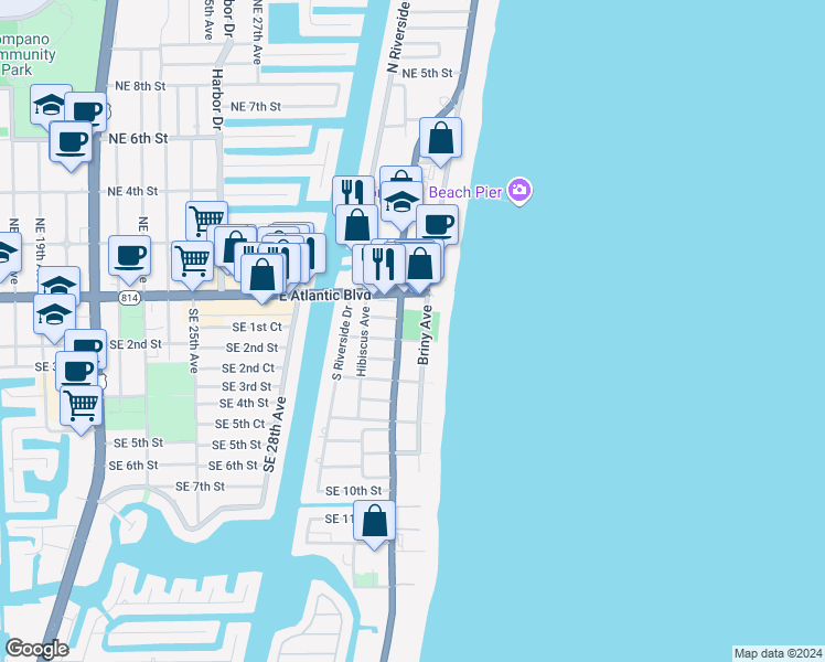 map of restaurants, bars, coffee shops, grocery stores, and more near 111 Briny Avenue in Pompano Beach
