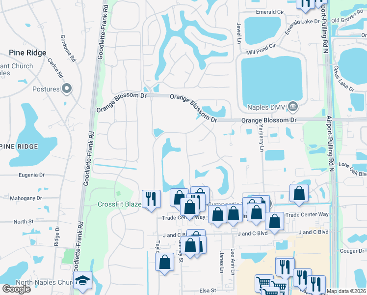 map of restaurants, bars, coffee shops, grocery stores, and more near 6641 Mill Run Road in Naples