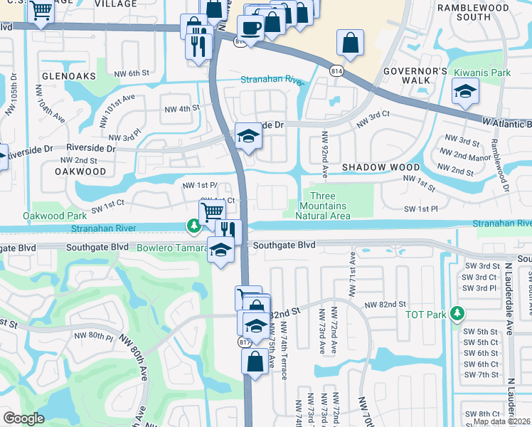 map of restaurants, bars, coffee shops, grocery stores, and more near 9446 Southwest 1st Place in Coral Springs