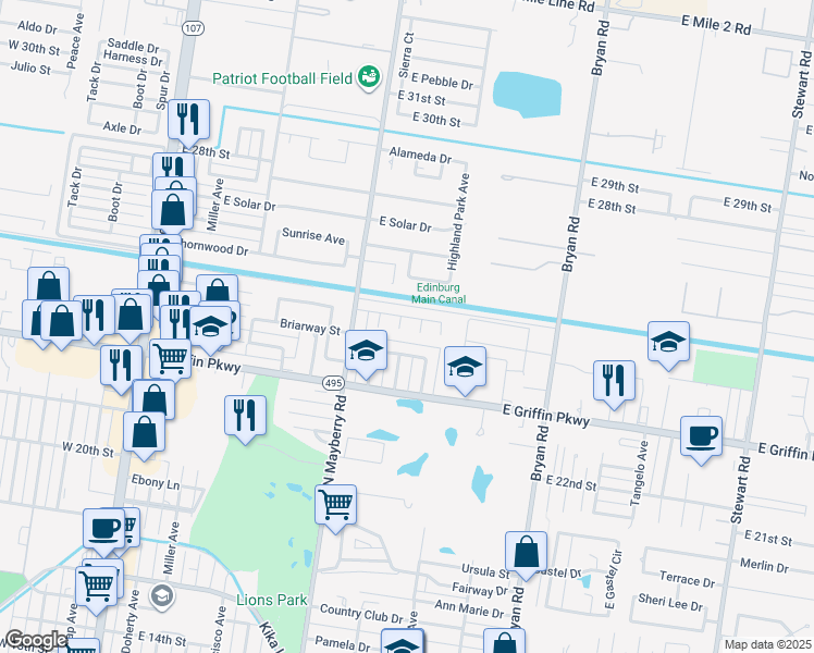 map of restaurants, bars, coffee shops, grocery stores, and more near 2406 Palmetto Drive in Mission