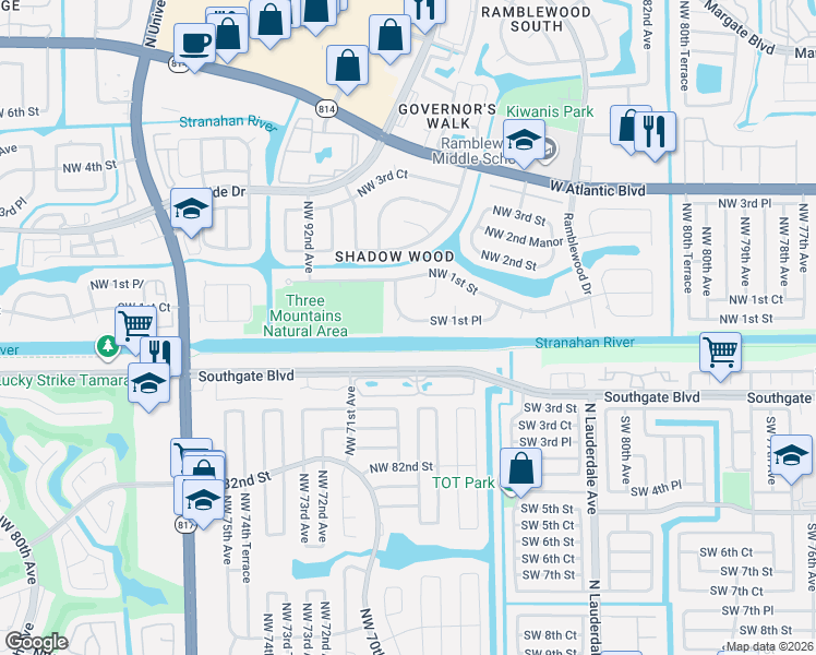 map of restaurants, bars, coffee shops, grocery stores, and more near 8882 Southwest 1st Place in Coral Springs