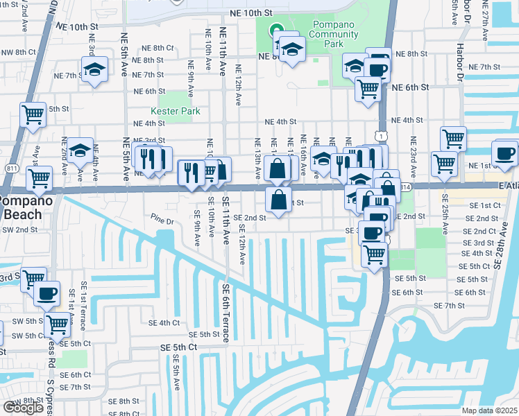 map of restaurants, bars, coffee shops, grocery stores, and more near 1300 Southeast 1st Street in Pompano Beach