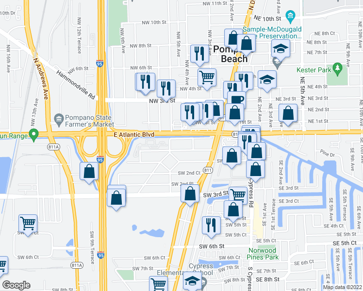 map of restaurants, bars, coffee shops, grocery stores, and more near 337 Southwest 1st Court in Pompano Beach