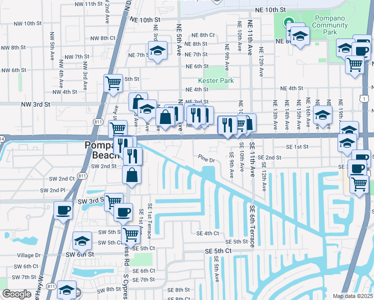 map of restaurants, bars, coffee shops, grocery stores, and more near 101 Southeast 6th Avenue in Pompano Beach