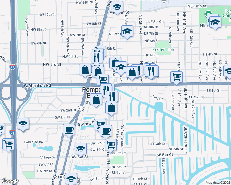 map of restaurants, bars, coffee shops, grocery stores, and more near 139 South Cypress Road in Pompano Beach
