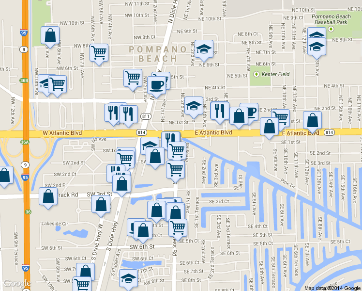 map of restaurants, bars, coffee shops, grocery stores, and more near 139 South Cypress Road in Pompano Beach