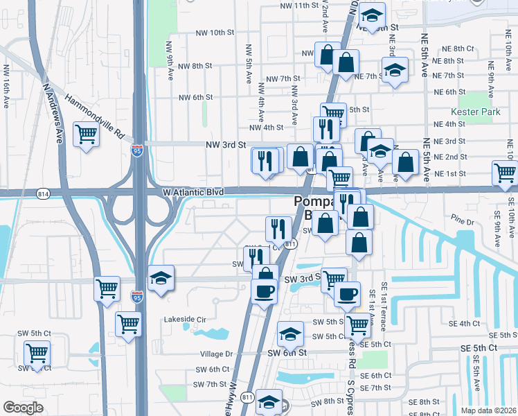 map of restaurants, bars, coffee shops, grocery stores, and more near 301 Southwest 1st Court in Pompano Beach