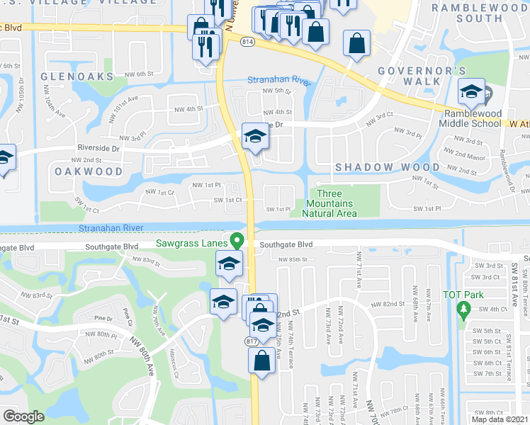 map of restaurants, bars, coffee shops, grocery stores, and more near 9446 Southwest 1st Place in Coral Springs