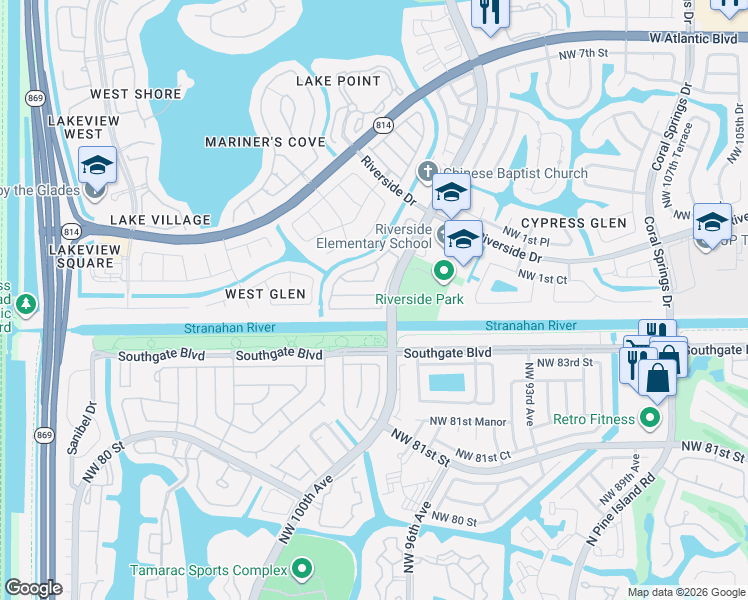 map of restaurants, bars, coffee shops, grocery stores, and more near 11731 Southwest 1st Street in Coral Springs