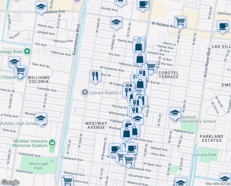 map of restaurants, bars, coffee shops, grocery stores, and more near 1215 West Daffodil Avenue in McAllen