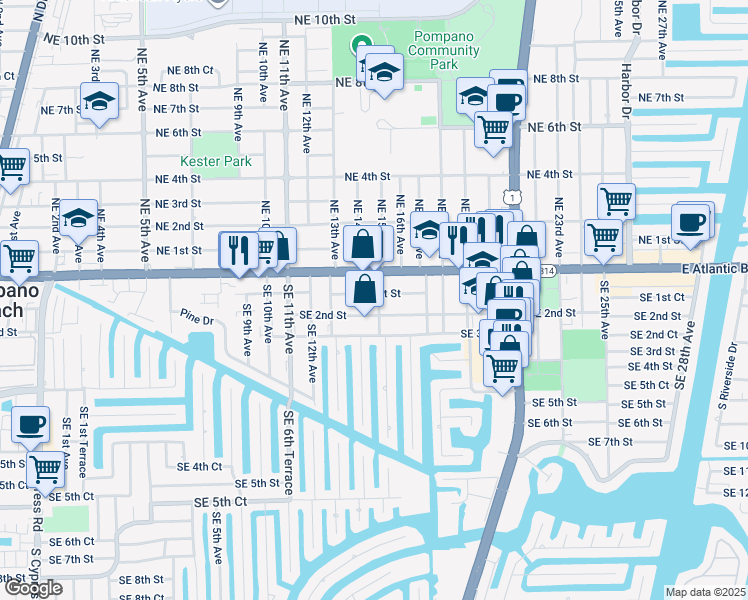 map of restaurants, bars, coffee shops, grocery stores, and more near 1414 Southeast 1st Street in Pompano Beach