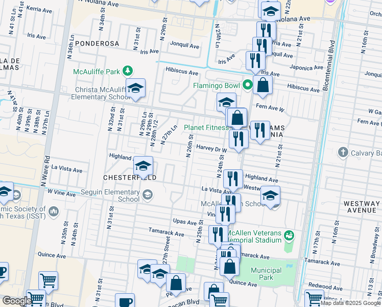 map of restaurants, bars, coffee shops, grocery stores, and more near 2716 North 26th Street in McAllen